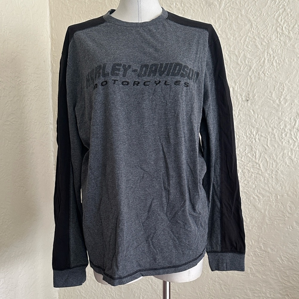 Harley-Davidson Gray Black Embroidered Logo Long Sleeve T-Shirt XL FLAWS
